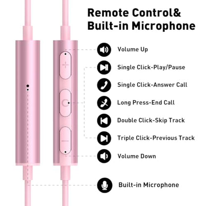 USB C Headphones Magnetic Wired Earbuds with Mic for Apple/Samsung Android - color: Pink