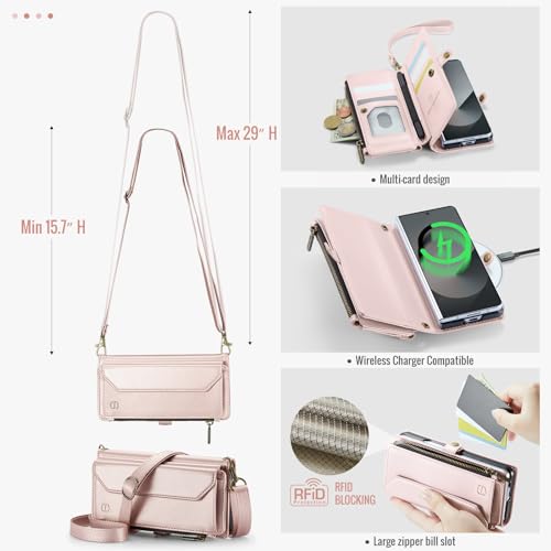 Strapurs Crossbody Wallet Case Compatible with Samsung Galaxy Z Fold 6 with RFID Blocking Card Holder & Pen Holder Slot Soft PU Leather Shoulder Strap Zipper Pocket Purse Fold 6 Phone Case, Rose Gold | RFID Blocking 5-Card Holder, Shoulder Lanyard, Wirst