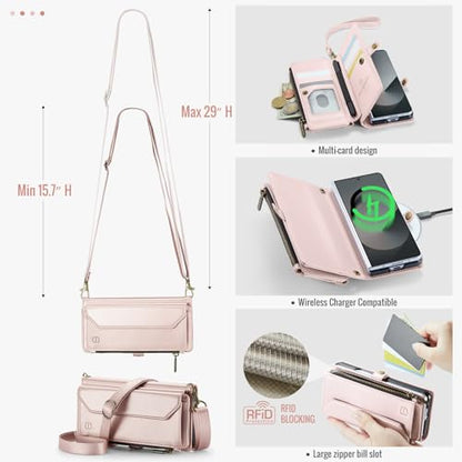 Strapurs Crossbody Wallet Case Compatible with Samsung Galaxy Z Fold 6 with RFID Blocking Card Holder & Pen Holder Slot Soft PU Leather Shoulder Strap Zipper Pocket Purse Fold 6 Phone Case, Rose Gold | RFID Blocking 5-Card Holder, Shoulder Lanyard, Wirst