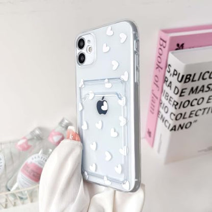 NITITOP Compatible with iPhone 12 Case Clear with Card Holder Cute White Love Heart Pattern Design Design Soft TPU Shock-Absorbing Wallet Case Protective Cover - White - color: White, size: iPhone 12