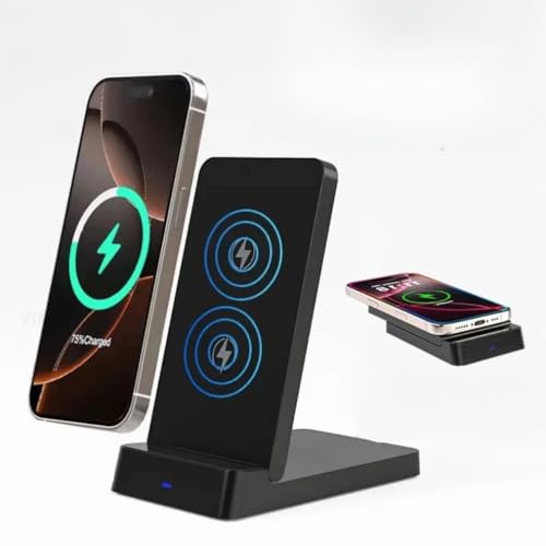 15W Fast Charging Station Double Coil Wireless Charger Foldable Phone Holder Stand for iPhone 17 16 15 14 13 Pro Max Samsung Xiaomi (Black)