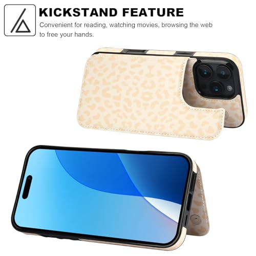 HAOPINSH for iPhone 16 Pro Max Wallet Case with Card Holder, Cream-Coloured Leopard Pattern Back Flip Folio PU Leather Kickstand Card Slots Case for Women Girls, Double Magnetic Clasp Shockproof 6.9" - color: Cream-coloured Leopard