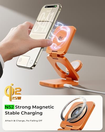 3 in 1 Charging Station for Apple - Qi2.2 25W Magnetic Wireless Charger for iPhone 18/17/16-12, Apple Watch, AirPods, Travel Fast Charging Foldable Stand with 45W GaN Adapter, Aluminum Alloy Design - color: Orange