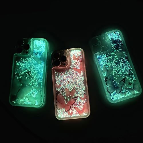 Compatible with iPhone 14 Glitter Butterfly Case Glow in The Dark Women Girls Girly Bling Sparkle Flowing Quicksand Light up Case Soft TPU Bumper Luminous Clear Phone Cover, Pink - color: Pink, size: iPhone 14