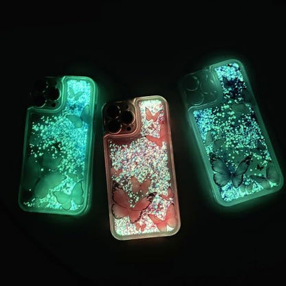 Compatible with iPhone 14 Glitter Butterfly Case Glow in The Dark Women Girls Girly Bling Sparkle Flowing Quicksand Light up Case Soft TPU Bumper Luminous Clear Phone Cover, Pink - color: Pink, size: iPhone 14