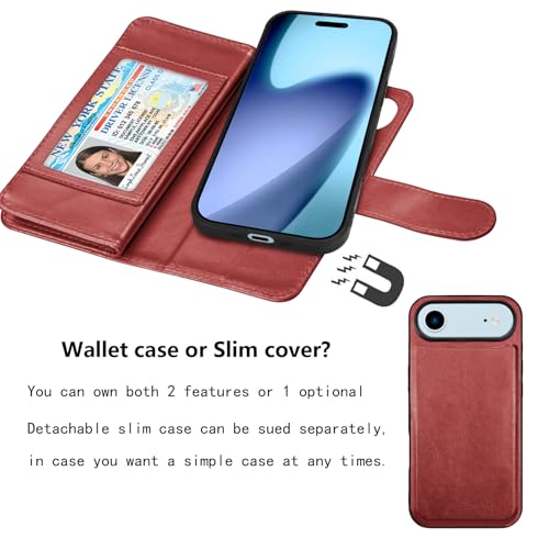 NJJEX Wallet Case Compatible with iPhone 17 Air 6.5" 2025, [9 Card Slots] PU Leather ID Credit Holder Folio Flip [Detachable] Kickstand Magnetic Phone Cover & Lanyard for iPhone Air [Wine Red] | PU leather folio flip, detachable magnetic phone cover, inte