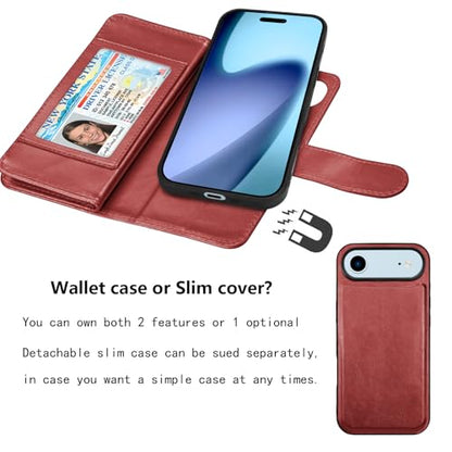 NJJEX Wallet Case Compatible with iPhone 17 Air 6.5" 2025, [9 Card Slots] PU Leather ID Credit Holder Folio Flip [Detachable] Kickstand Magnetic Phone Cover & Lanyard for iPhone Air [Wine Red] | PU leather folio flip, detachable magnetic phone cover, inte