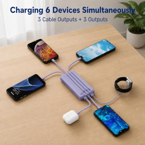 10000mAh Portable Charger with 4 Built-in Cables, 22.5W Fast Charging Power Bank, LED Display, Slim Travel Battery Pack for iPhone 17/16/15/14, Samsung Galaxy, iPad & More - color: Purple