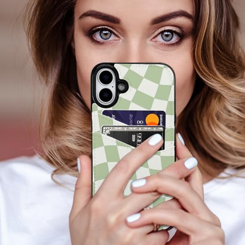 Compatible with iPhone 17 Case Soft Shockproof Card Holder | 2 Card Holder,Cute Green Checkerboard Cover 6.3 inch for Girls Women - color: Green Checkerboard, size: iPhone 17 6.3 inch