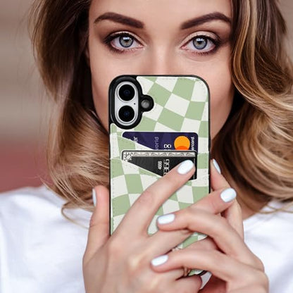 Compatible with iPhone 17 Case Soft Shockproof Card Holder | 2 Card Holder,Cute Green Checkerboard Cover 6.3 inch for Girls Women - color: Green Checkerboard, size: iPhone 17 6.3 inch