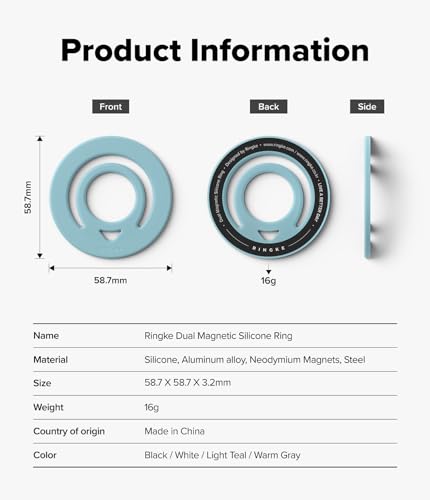 Ringke Dual Magnetic Silicone Ring [Compatible with MagSafe] Phone Grip, Dual-Sided Powerful Magnet, Lightweight (0.04 lb) & Super Slim (0.13 in) Soft Holder for iPhone, Galaxy, Pixel - Light Teal - color: Light Teal