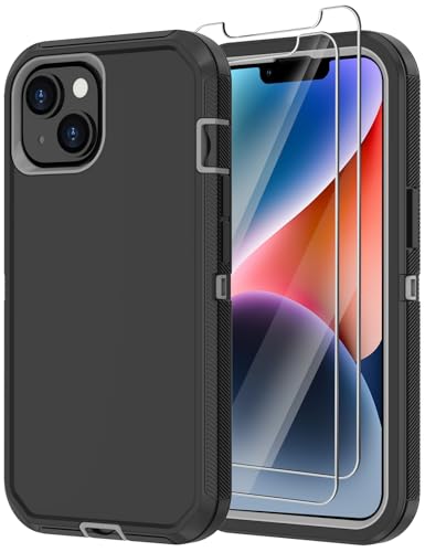 for iPhone 14 Case with 2 Screen Protector,Heavy Duty Shockproof Dropproof Dust Proof Full Body Rugged 3-Layer Military Tough Durable Protective Cover for Apple iPhone 14 6.1" (Black/Gray) - color: Black/Gray