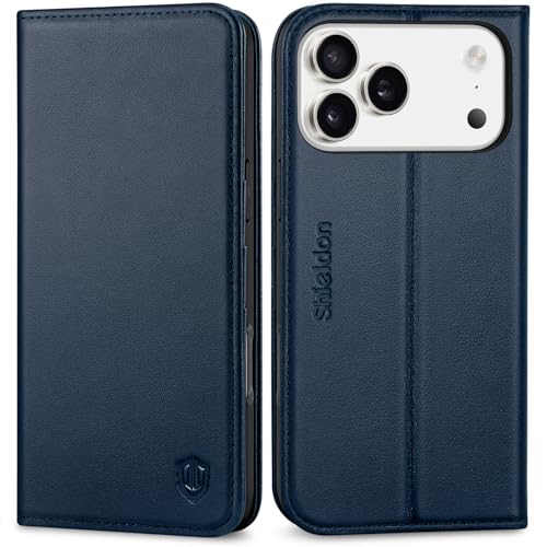 SHIELDON Genuine Leather Wallet Case for iPhone 17 Pro Max 6.9", Navy Blue | Magnetic Closure, RFID Blocking, Credit Card Holder, Viewing Stand, Foldable Design, Shockproof Protective Cover - color: Navy Blue