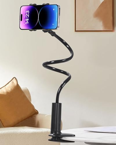 3.2 Ft Cell Phone Clip Bed Stand Holder, with Grip Flexible Long Arm Gooseneck Bracket Mount Clamp for Desk, Compatible with iPhone or Other 3.5-7" Devices (Black) - color: Black