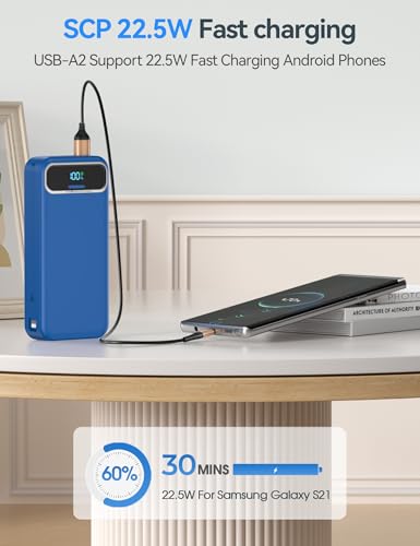 aonidi Portable Charger 20000mAh with Built-in Cables&AC Wall Plug, Navy - color: Steel Blue