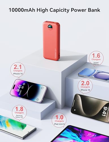 Portable Charger Power Bank 10000mAh with Built in Cables & Wall Plug - color: Crimson