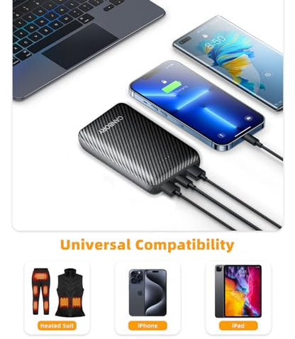 Heated Vest Battery Pack,𝟏𝟐𝟎𝟎𝟎𝐦𝐀𝐡 5V 2A/3A USB-C Out/in Power Bank for Heated Jacket Heated Pad Heated Hoodies Pocket Size Black - size: 5V 12000mAh Black