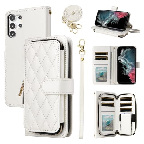 Wallet Case for Samsung Galaxy S21 Ultra 5G with Wrist Strap, 9+ Card Slots Zipper Purse, Luxury PU Leather Stand Full Body Phone Cover for S21ultra 21S S 21 21ultra G5 Women Girls White | Wrist/Shoulder Strap, Card Slots, Purse, Luxury PU Leather, Stand,