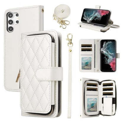 Wallet Case for Samsung Galaxy S21 Ultra 5G with Wrist Strap, 9+ Card Slots Zipper Purse, Luxury PU Leather Stand Full Body Phone Cover for S21ultra 21S S 21 21ultra G5 Women Girls White | Wrist/Shoulder Strap, Card Slots, Purse, Luxury PU Leather, Stand,