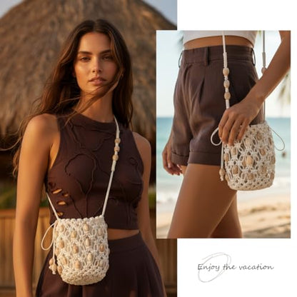 Boho Beaded Small Crossbody Bag for Women, Lightweight Crochet Cell Phone Purse with Adjustable Strap Crossbody Phone Purse - color: Beige
