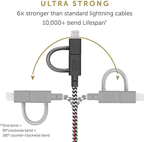 Native Union Belt Cable Universal - 6.5ft Ultra-Strong Reinforced [MFi Certified] Durable Charging Cable with 3-in-1 Adaptor for Lightning, USB-C and Micro-USB Devices (Zebra) - color: Zebra