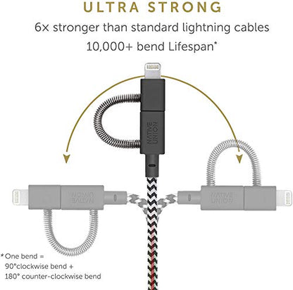 Native Union Belt Cable Universal - 6.5ft Ultra-Strong Reinforced [MFi Certified] Durable Charging Cable with 3-in-1 Adaptor for Lightning, USB-C and Micro-USB Devices (Zebra) - color: Zebra