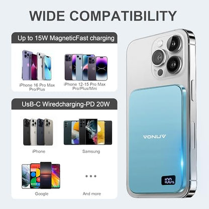 Magnetic Portable Charger 5000mAh, 15W Ultra Slim Wireless Portable Charger, Fast Charging for iPhone 17/16/15/14/13/12 Pro/Pro Max/Plus, Metal Shell, USB-C Cable to Charge Other Phones (Blue) - color: Blue