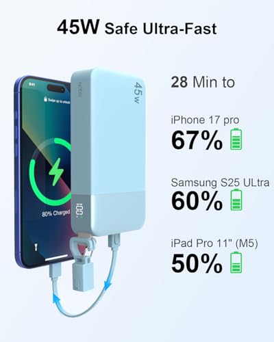 NOBIS Portable Charger, 45W 20000mAh Power Bank with Detachable USBC Cable - color: Blue