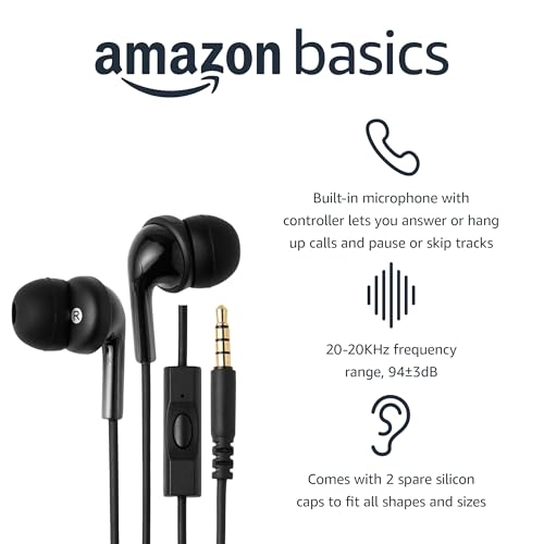 Amazon Basics 3.5mm Wired Earbuds 2 Pack, In-Ear Headphones with Built-In Microphone & Track Control, S/M/L Ear Tips, Compatible with Phones, Laptops & Tablets - size: 2 Pack, style: 3.5mm Aux