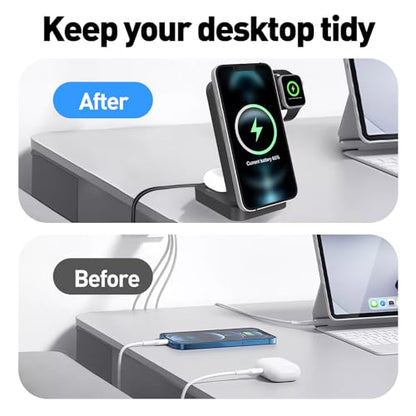 3in1 Charging Station for Apple - Foldable Wireless Charger Stand for MagSafe Portable, Travel Wireless Charger Station for Multiple Devices for iPhone 16, 15, 14, 13, Apple Watch, AirPods S1BLACK
