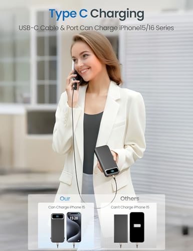 aonidi Portable Charger 12000mAh with Built-in Cables&AC Wall Plug, Black - color: Pitch Black