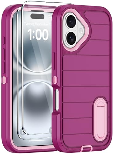 for iPhone 16 Case with Screen Protector, Heavy Duty Shockproof Drop Protection Military Grade Tri-Layer Full Covered Rugged Durable Cell Phone Cover with Built-in Invisible Kickstand 6.1" (Purple) - color: Purple
