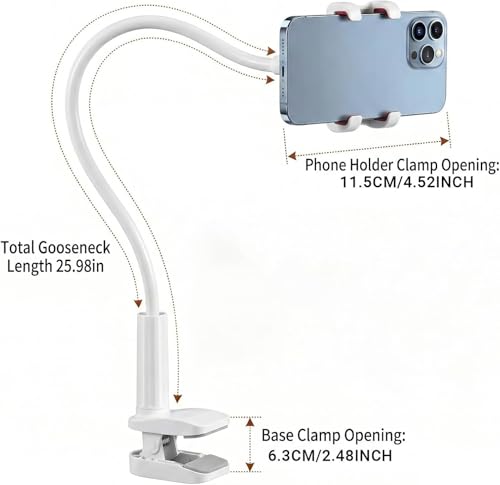 Gooseneck Phone Holder, 27.5" Flexible Phone Holder for Bed Desk, 360° Rotation Cell Phones Stand with Clamp, Heavy Duty Bracket for Bedside Living Room/White - color: White