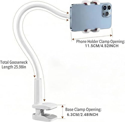 Gooseneck Phone Holder, 27.5" Flexible Phone Holder for Bed Desk, 360° Rotation Cell Phones Stand with Clamp, Heavy Duty Bracket for Bedside Living Room/White - color: White