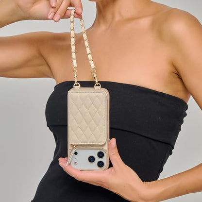 LAMEEKU for iPhone 17 Pro Wallet Case with Card Holder,Crossbody Phone Cover Quilted Leather Zipper Purse 6.3" Beige - color: Beige, size: iPhone 17 Pro 6.3''