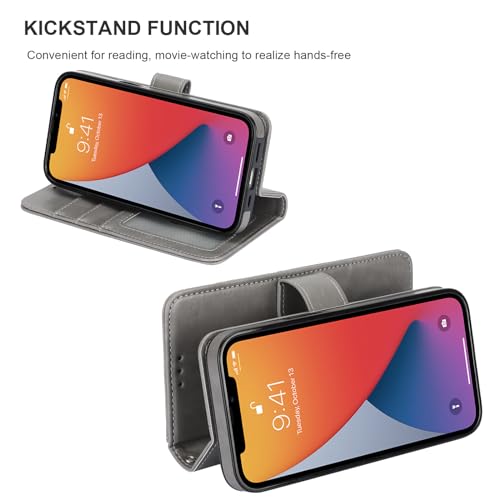 Bocasal Detachable Wallet Case Card Holder for iPhone 13, Grey | RFID Blocking Kickstand Card Slots Holder PU Leather Magnetic Shockproof Wrist Strap Removable Flip Protective Cover 6.1 inch - color: Gray