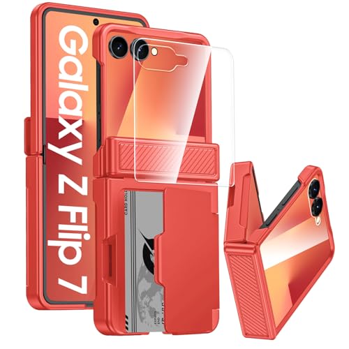 GooseBox for Samsung Galaxy Z Flip 7 Case Wallet RFID Card Holder&Hinge Protection&HD Screen Protector, Full Body Shockproof Cover for Galaxy Z Flip 7(Coral Red) - color: Flip7-Magenta