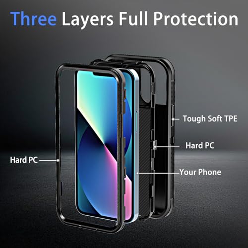 YmhxcY for iPhone 13 Case, 2X Glass Screen and Camera Protector, 3 in 1 Heavy Duty Shockproof Drop Protection Stripe Rubber Cover for 13 6.1"-Black - color: Black