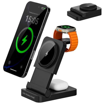 3-in-1 Foldable & Retractable Magnetic Wireless Charger, 15W Fast Charging Station, Portable Fast Charging Stand, Charging for iPhone 17/16/15/14/13/12, Apple Watch, AirPods (Black) - color: Black