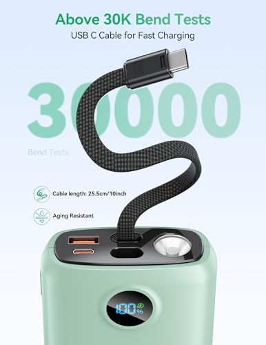DIAMUAR Portable Charger 20000mAh 45W, Built in USB C Cable, 3W Flashlight - color: Natural Teal
