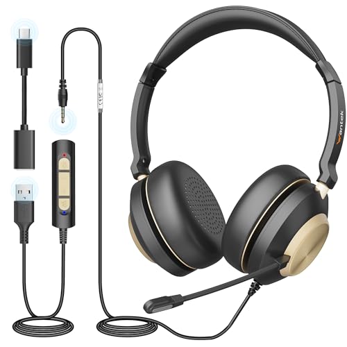 Wantek USB Headset with Microphone for PC, Wired On-Ear Headphones, Noise Cancelling Mic, USB/3.6mm/Type-C Headsets for Home Office, Work, Call Center, Online Courses, Skype, Zoom（Black） - color: Black