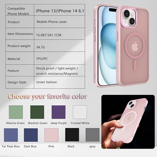 Magnetic iPhone 14/13 case,Compatible with Magsafe, Military-Grade Protection,Slim Translucent Matte Shockproof with Anti-Scratch Anti-Fingerprint Phone Cover (Pink, iPhone 14/13) - color: Pink, size: iPhone 14/13
