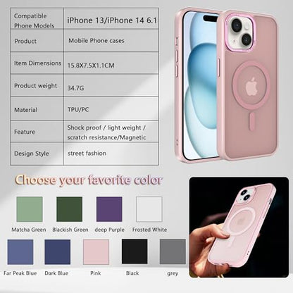 Magnetic iPhone 14/13 case,Compatible with Magsafe, Military-Grade Protection,Slim Translucent Matte Shockproof with Anti-Scratch Anti-Fingerprint Phone Cover (Pink, iPhone 14/13) - color: Pink, size: iPhone 14/13