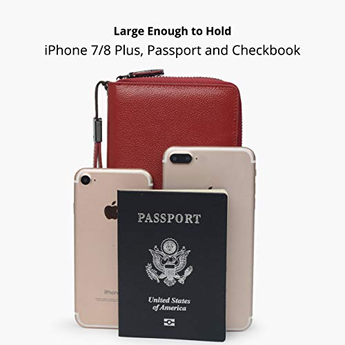 Bveyzi Women RFID Blocking Wallet Leather Zip Around Phone Clutch Large Capacity Ladies Travel Purse Wristlet - color: Wine Red