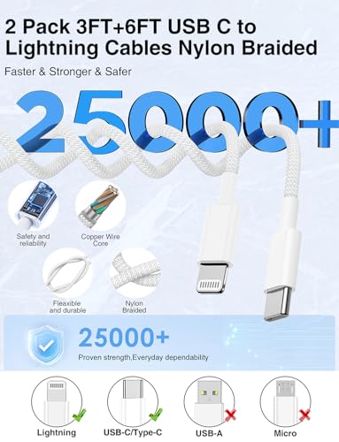 USB C to Lightning Cable Nylon Braided [Apple MFi Certified] - 2Pack 3/6FT - color: White, size: 3ft+6ft