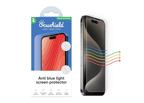 Ocushield Anti Blue Light Tempered Glass Screen Protector of iPhone 15 Pro Max (6.7") – Blocks Blue Light, Prevents Eye Strain & Helps You Sleep Better, 9H Hardness & Case Friendly | Fits 6.7 inch display. 9H tempered glass blocks UV & blue light. Anti-ba