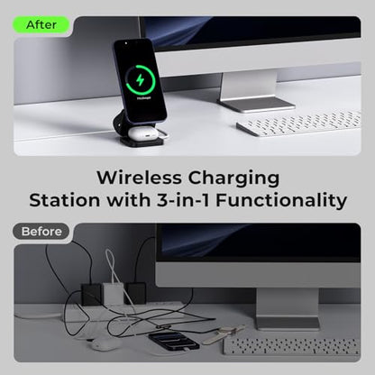 KU XIU X55 Turbo Qi2.2 25W Fast 3-in-1 Charging Station for Apple Device - color: Black-B