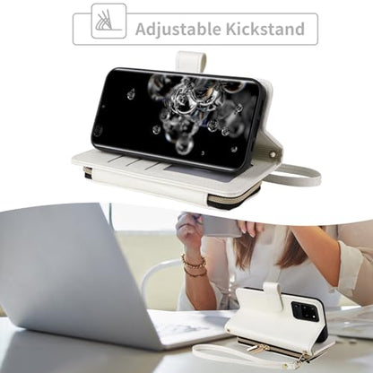 Wallet Case for Samsung Galaxy S20 Ultra 5G with Wrist Strap, Crossbody Shoulder Strap, Leather Stand Cell Phone Cover with 9+ Card Slots for S20ultra 20S S 20 A20 S2O 20ultra G5 Women White | Wrist/Shoulder Strap, Purse, PU Leather, Stand, Cell Phone Cov