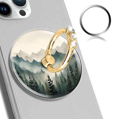 Magnetic Phone Ring Holder Compatible with MagSafe, Cute Phone Grip Stand with 360° Rotation Gold Glitter Finger Ring Kickstand Accessories for Most Phones Green Cute Mountain
