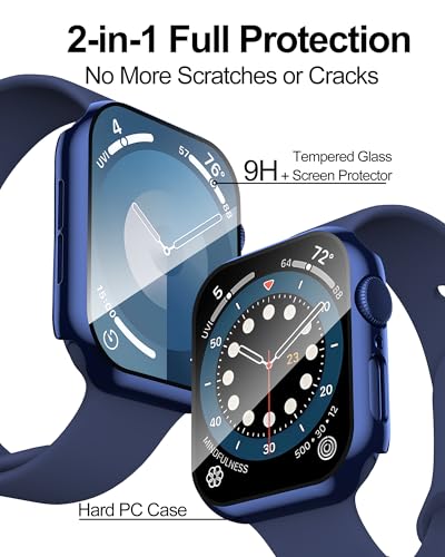 Smiling 2 Pack Case Built in Tempered Glass Screen Protector Compatible with Apple Watch SE 2 (2024)/SE/Series 6/Series 5/Series 4 44mm, Hard PC Case Overall Protective Cover-1 Black + 1 Blue - color: Black + Blue, size: 44mm